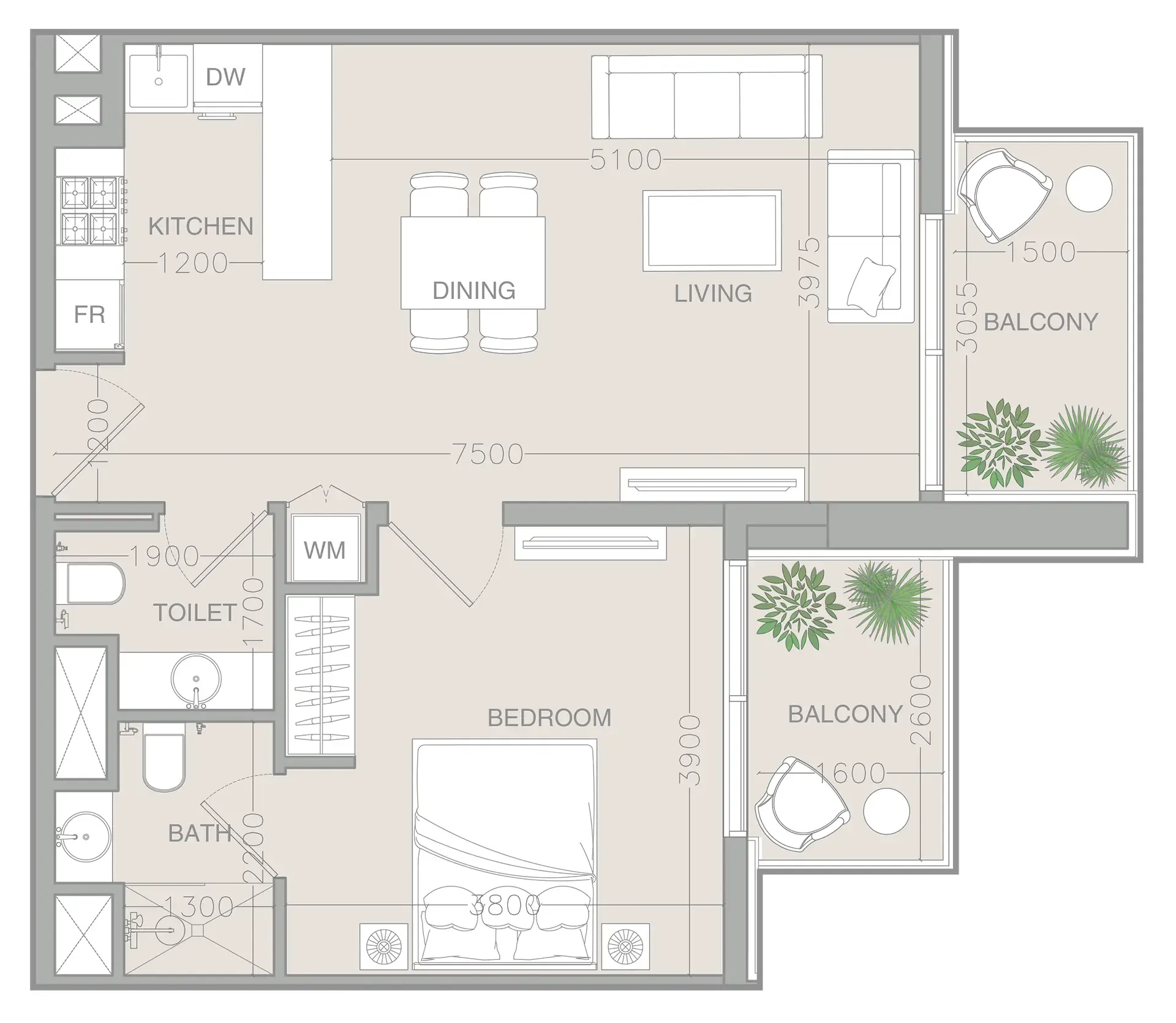 ELAR1S Rise 1 BR floor plan